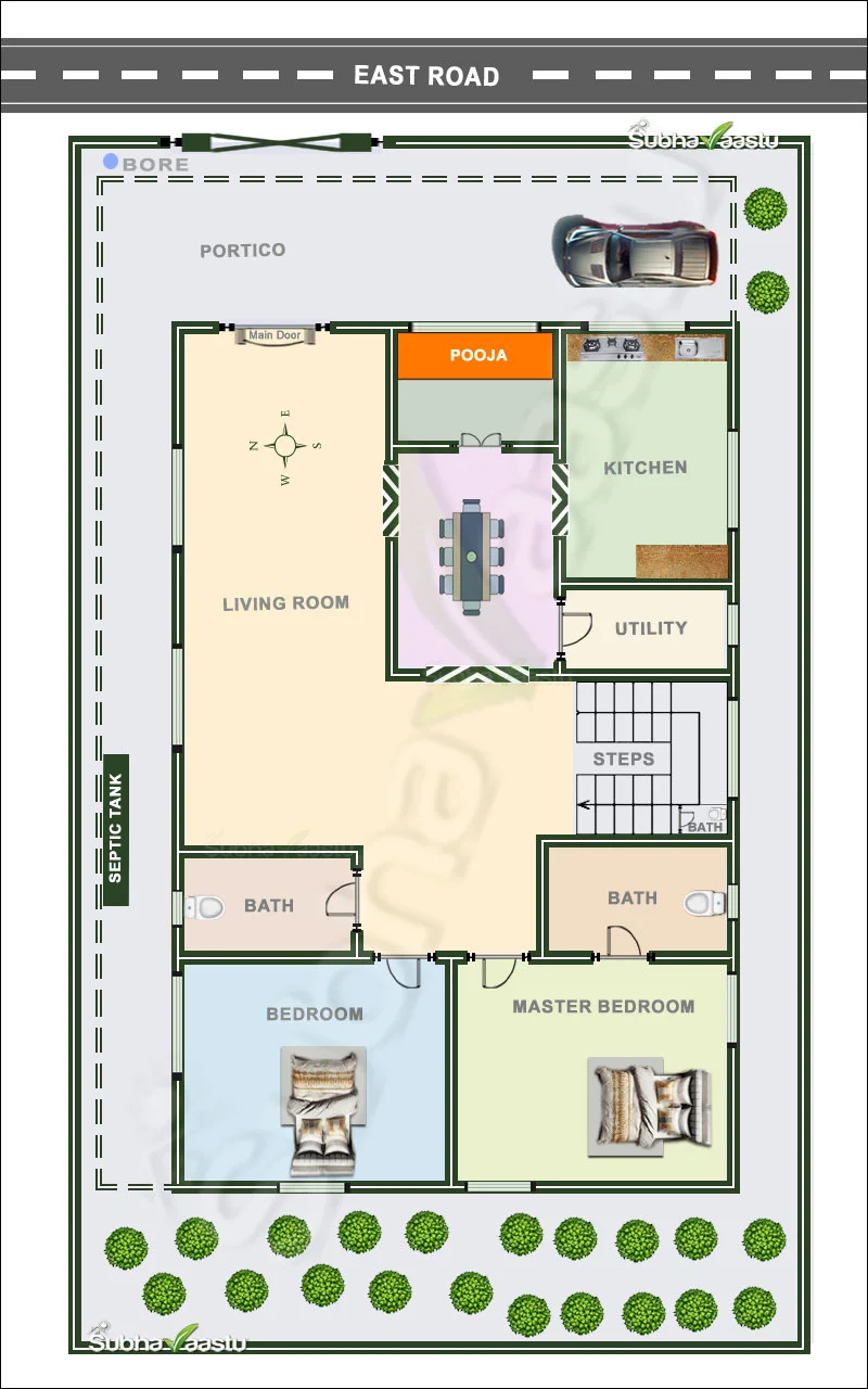 East-facing house layout with pooja room, living space, dining, kitchen, utility area, two bedrooms, baths, portico, and steps.