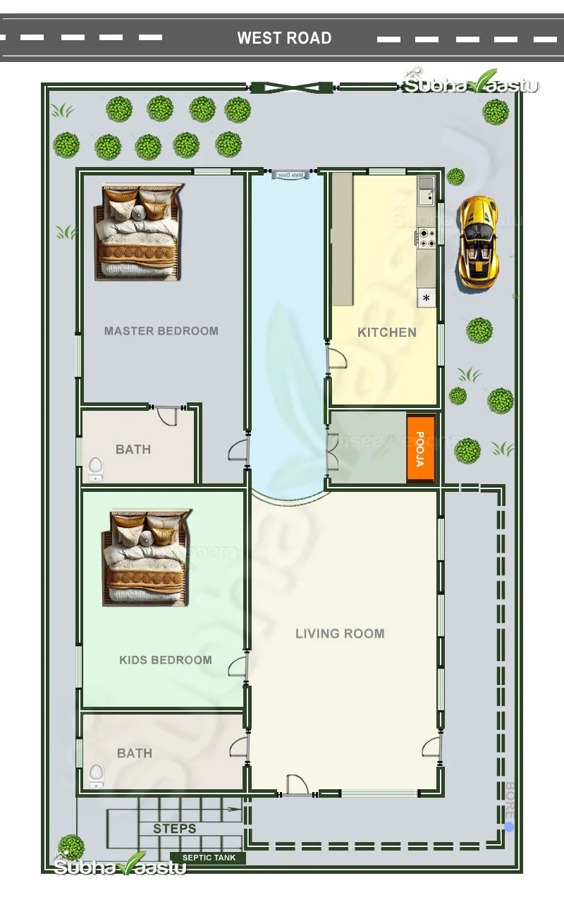 2 bedrooms West facing free house vastu floor plan