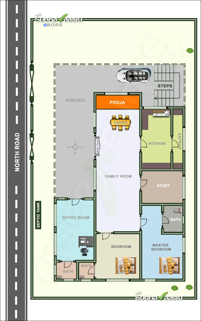 North-facing house layout featuring pooja room, office space, dining area, study, kitchen, utility, and well-placed bedrooms.