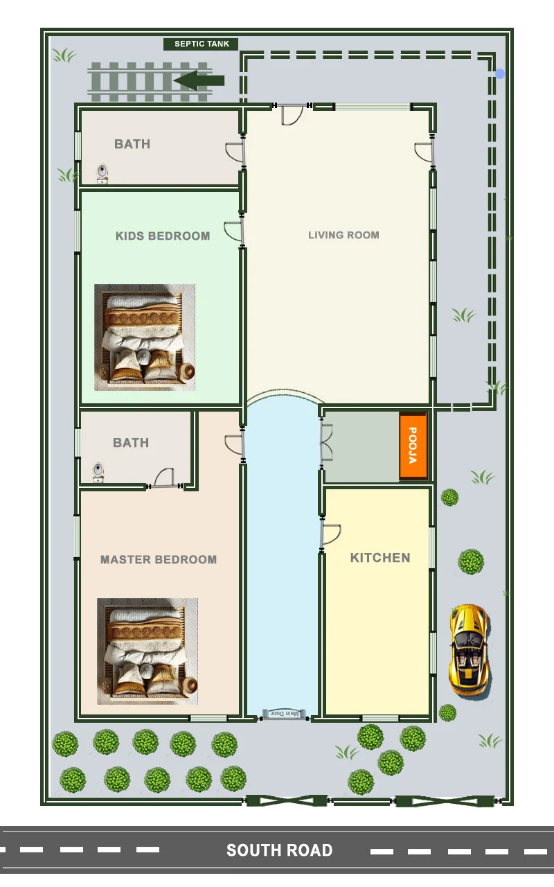 two BHK vastu home plan for south face plot for 30 by 40 feet