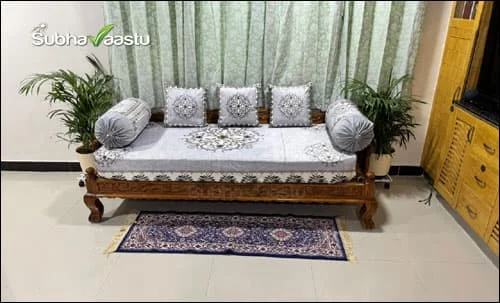 Areca Palm plants placed on both sides of a living room sofa as per Vastu guidelines