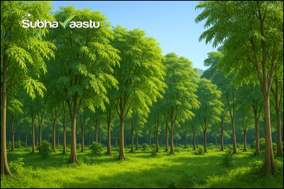 Dense tree plantation in a large green field suitable for Vastu protection