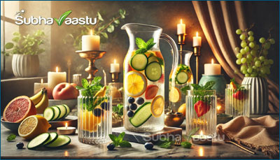 detox water infused with fresh fruits and herbs, promoting health benefits and aligned with Vastu principles for wellness and positivity.