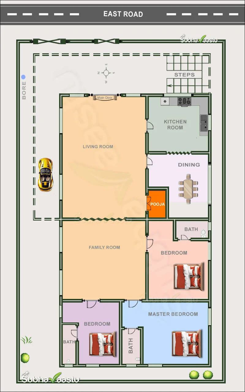 3 bedded East-facing Vastu home with front open area promoting health, happiness, and prosperity