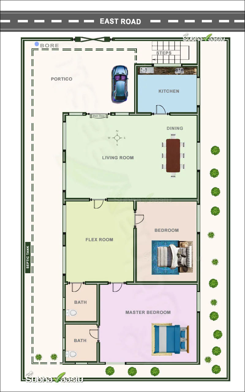 East-facing Vastu house plan with living area, kitchen, dining, flex space, two bedrooms, portico, and septic tank.