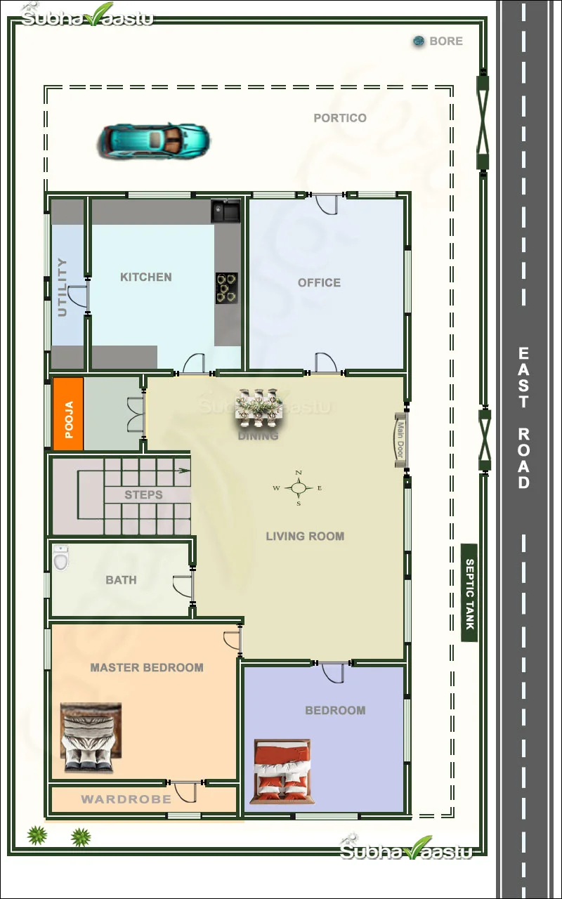 East-facing home layout with office, pooja room, master bedroom, kitchen, dining, utility, and portico space.