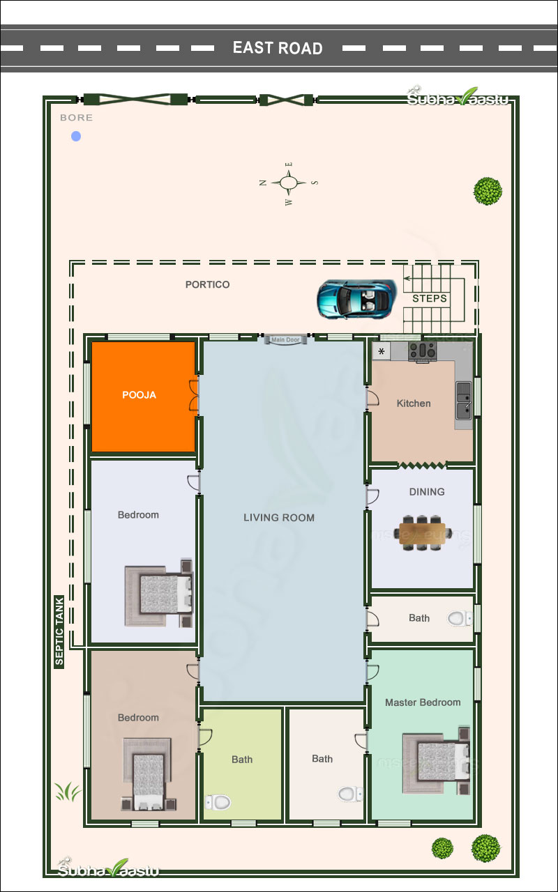 East-facing home design with pooja room, living area, dining, kitchen, three bedrooms, three baths, portico, and Vastu alignment.