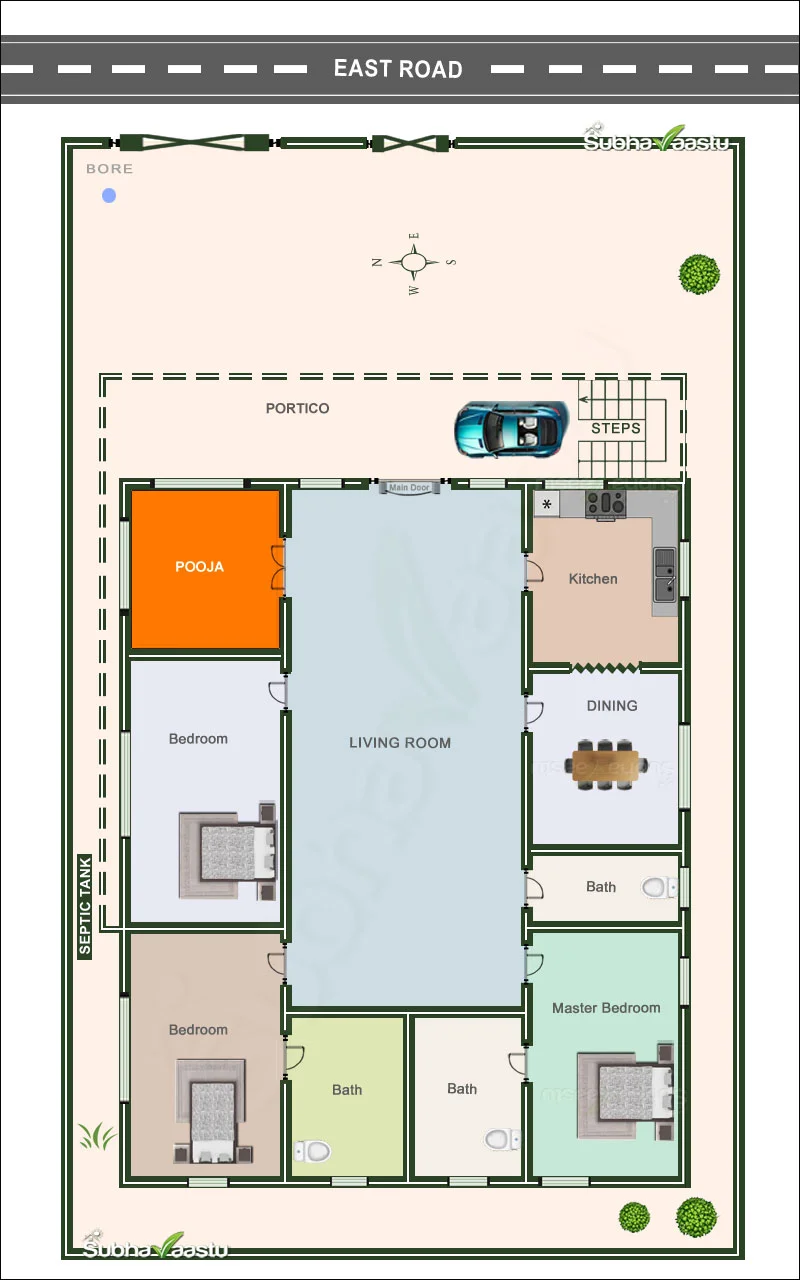 East-facing home design with pooja room, living area, dining, kitchen, three bedrooms, three baths, portico, and Vastu alignment.