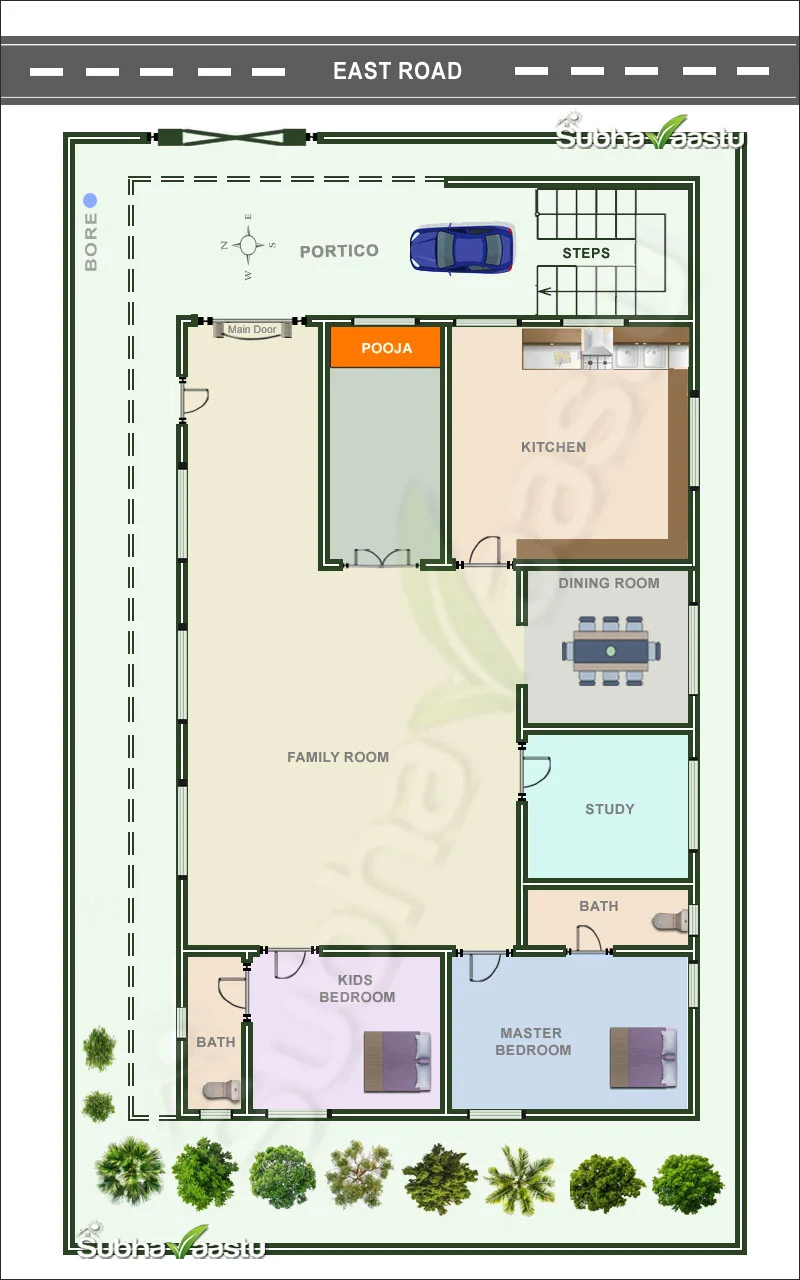 East-facing Vastu House plan with pooja room, large family room, kitchen, dining area, study room