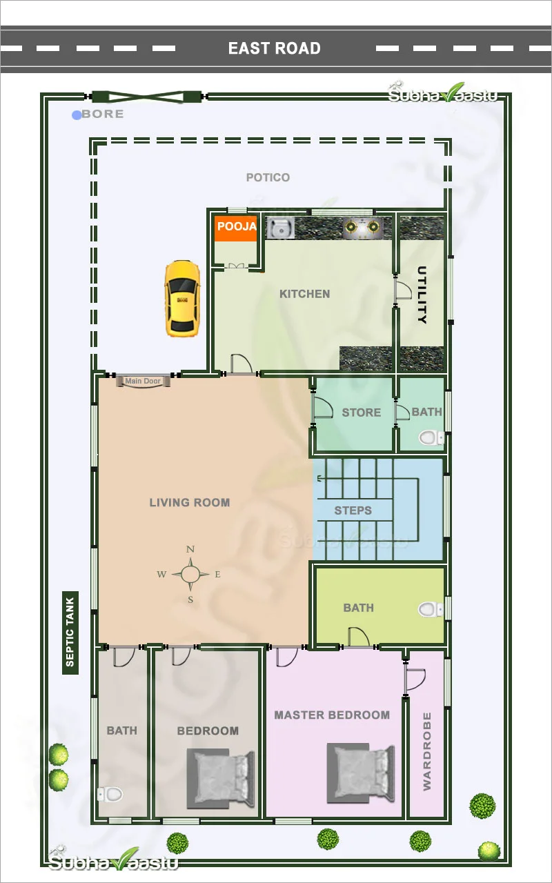 East-facing Vastu home plan with pooja room, kitchen, utility, store, steps, wardrobe, and master bedroom suite..
