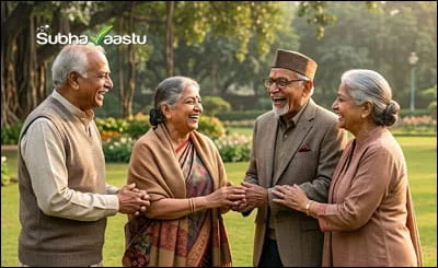 A joyful group of senior Indian grandparents smiling and laughing together in a lush park indicating a happy family life