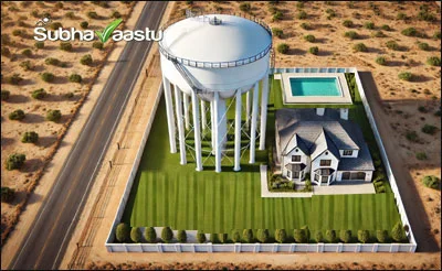 Elevated water tank on the West side opposite a plot, Vastu guidance, benefits, and precautions