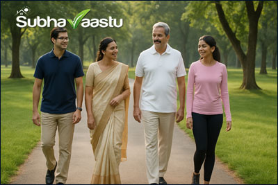 Morning walk in a lush green park with health and Vastu benefits for a peaceful and energetic start to the day