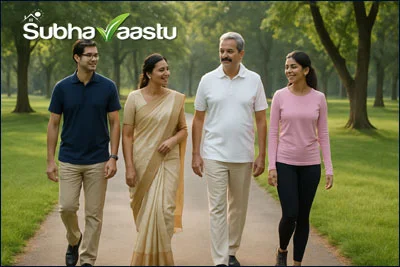 Morning walk in a lush green park with health and Vastu benefits for a peaceful and energetic start to the day
