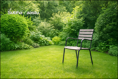 A single garden chair placed on lush green grass, surrounded by vibrant plants and trees in a peaceful backyard, ideal for writing and reflection