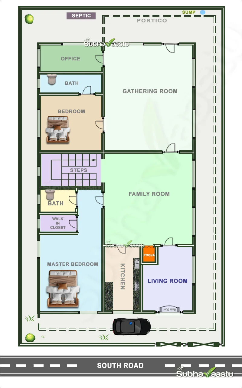 South facing 2BHK Vastu house plan with designated rooms for office, Pooja, and family living areas