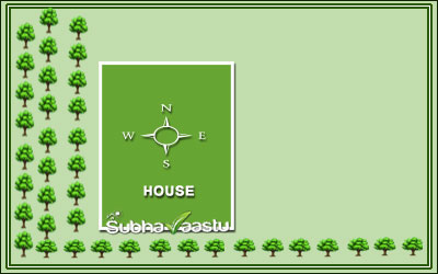 Triple-layered zigzag tree plantation along the west direction for Vastu protection and energy balance.