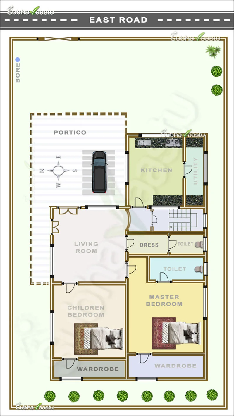 Compact East-facing home design with two bedrooms, kitchen, utility area, and portico, ideal for small families or retired couples