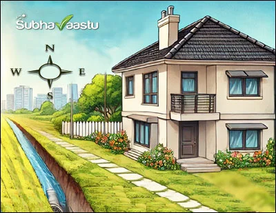 Illustration comparing closed underground sewage in the west direction with open drainage. The left side shows a clean setup with proper slope and covered line, while the right side shows exposed dirty drainage under gloomy skies.