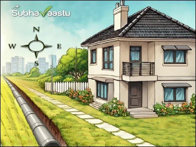 Wide Vastu layout showing effects of closed vs open drainage in the west. Left side features a covered sewage line and positive energy, right side depicts messy open drainage and dark clouds symbolizing negative effects.