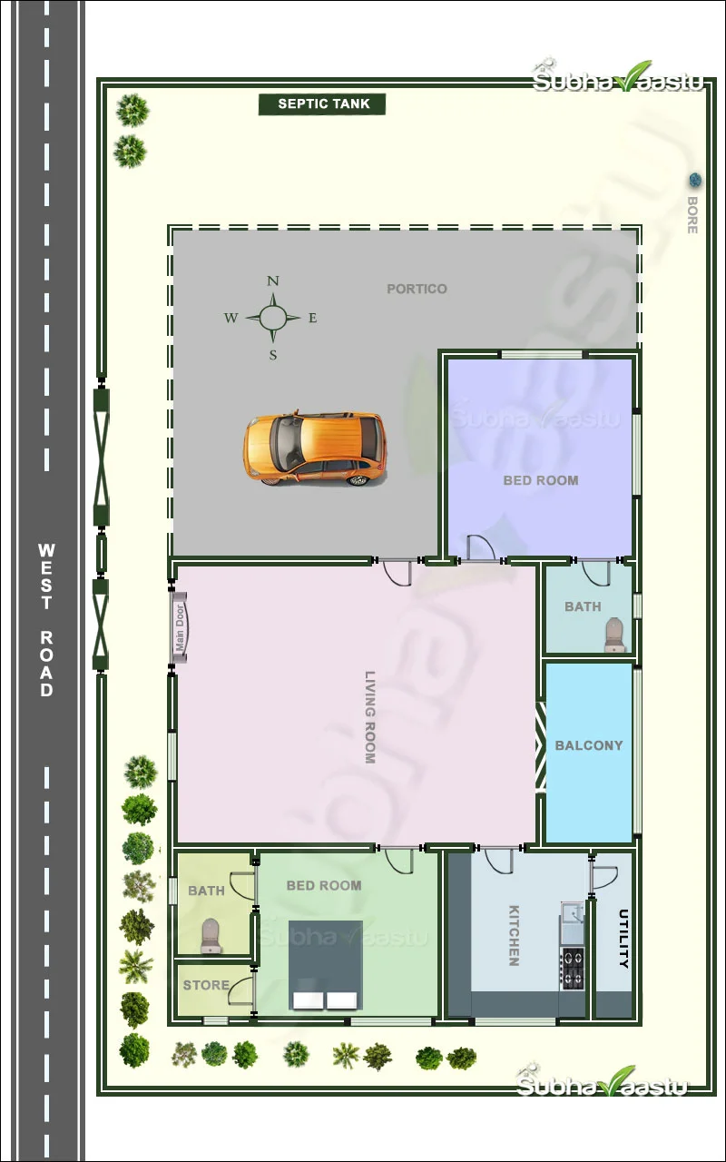 West-facing house layout with two bedrooms, spacious living room, kitchen, utility, balcony, portico, and vastu-based placements.
