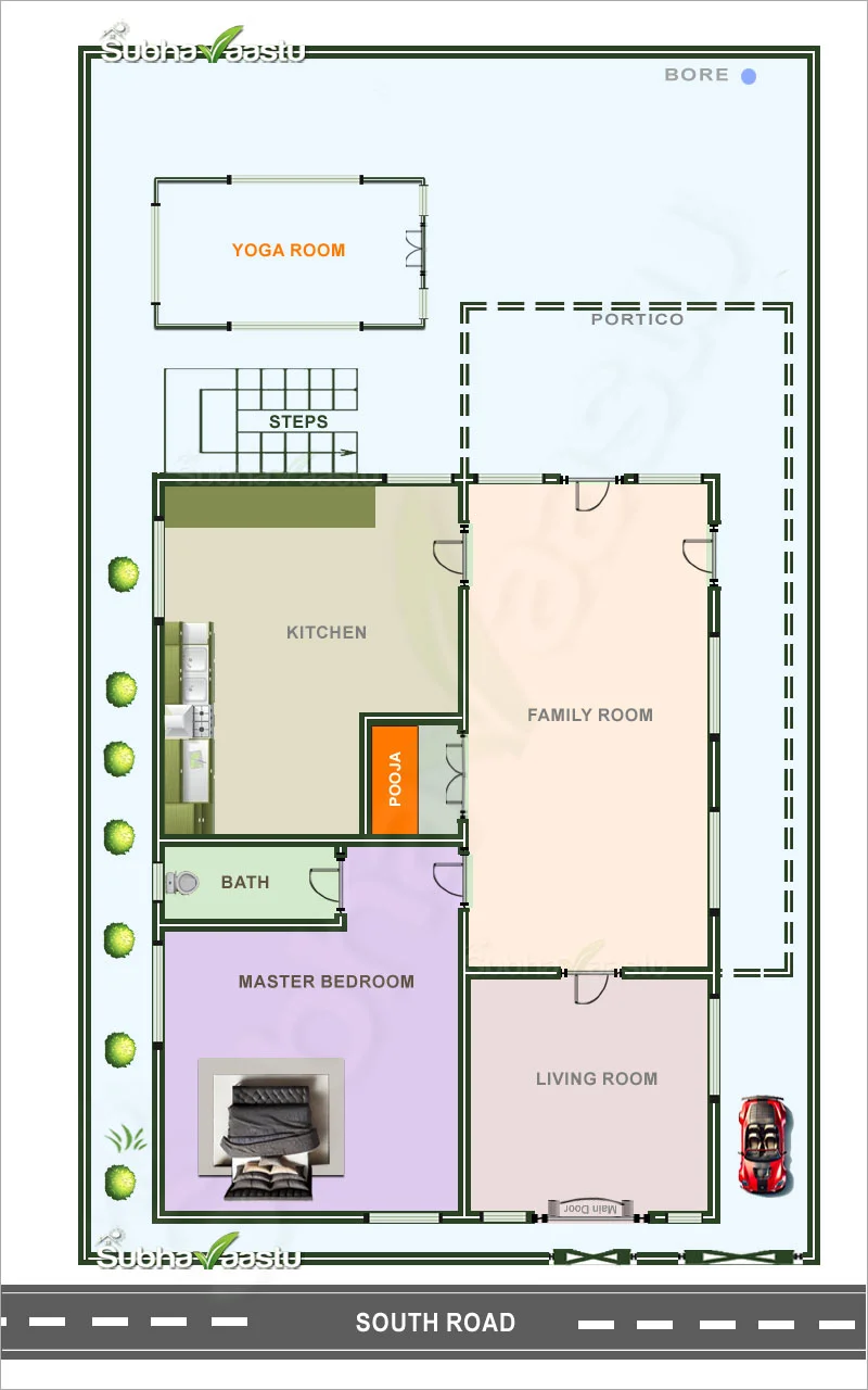 Explore 1BHK south facing house Vastu plan with yoga room. Compact, balanced layout designed for peace, wellness, and positive energy at home.