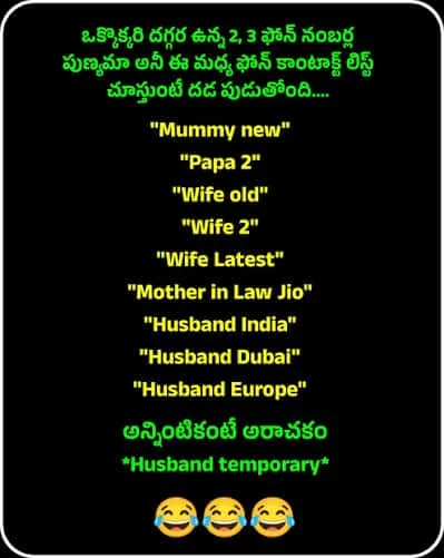 ఫోన్ కాంటాక్ట్ లిస్ట్‌లో పేర్లు సేవ్ చేసే విధానంపై సరదాగా రూపొందించిన తెలుగు జోక్ చిత్రం.